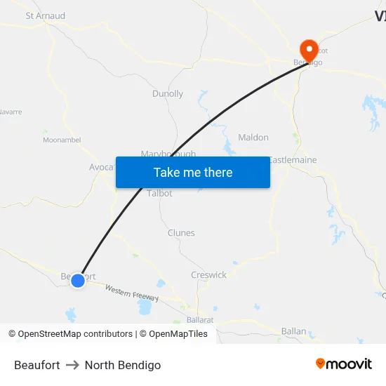 Beaufort to North Bendigo map