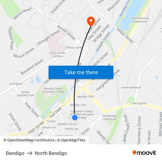 Bendigo to North Bendigo map