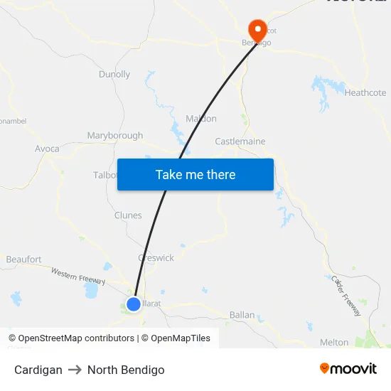 Cardigan to North Bendigo map