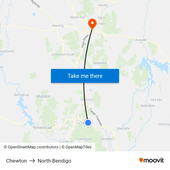 Chewton to North Bendigo map