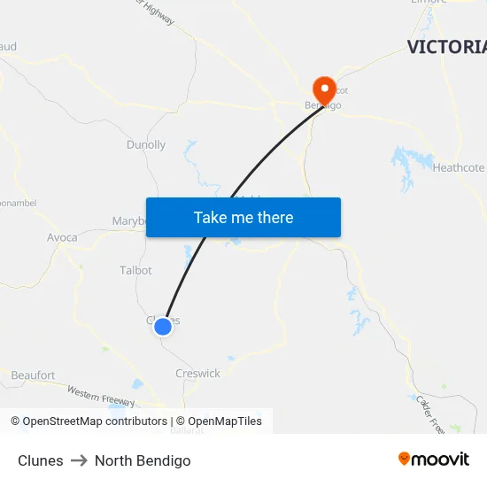Clunes to North Bendigo map