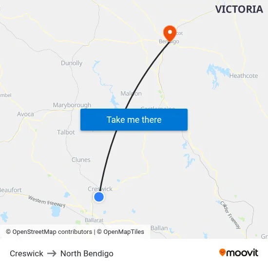 Creswick to North Bendigo map