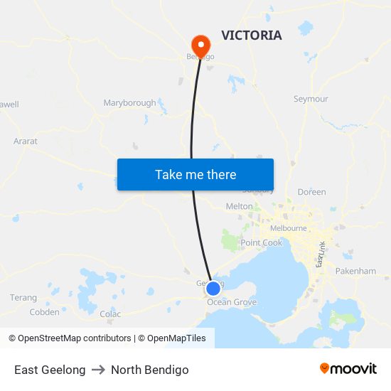 East Geelong to North Bendigo map