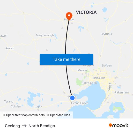 Geelong to North Bendigo map