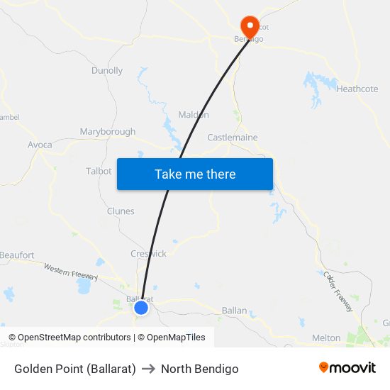 Golden Point (Ballarat) to North Bendigo map