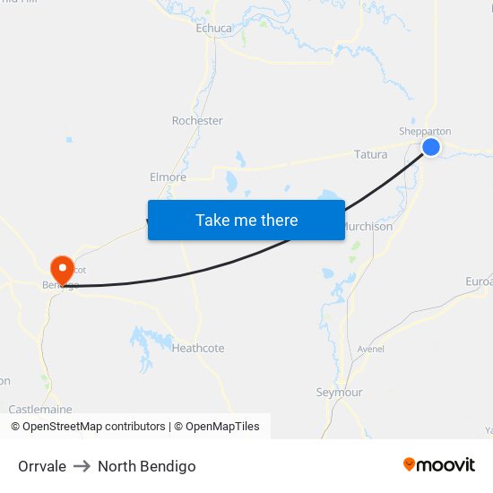 Orrvale to North Bendigo map