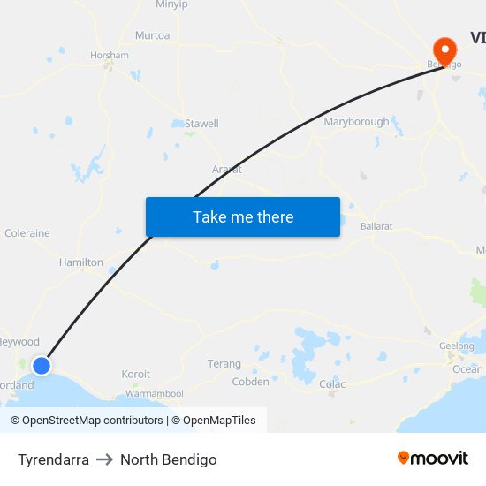 Tyrendarra to North Bendigo map