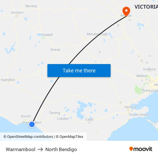 Warrnambool to North Bendigo map