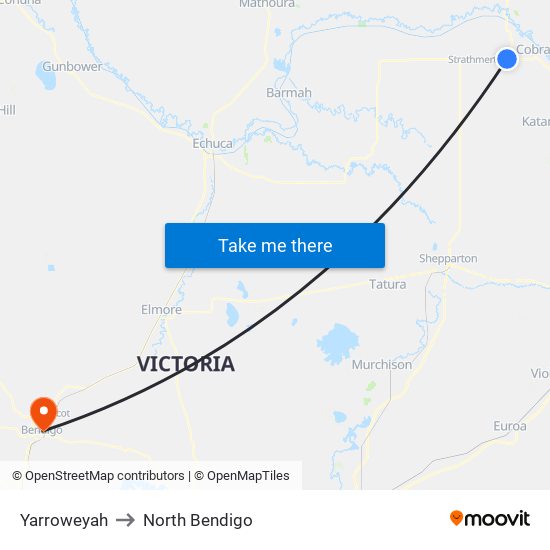 Yarroweyah to North Bendigo map