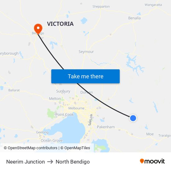 Neerim Junction to North Bendigo map