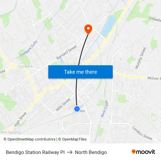 Bendigo Station Railway Pl to North Bendigo map