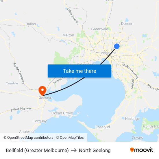 Bellfield (Greater Melbourne) to North Geelong map