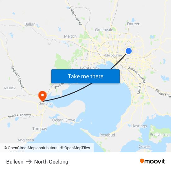 Bulleen to North Geelong map