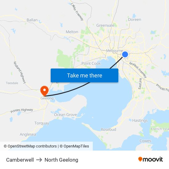 Camberwell to North Geelong map