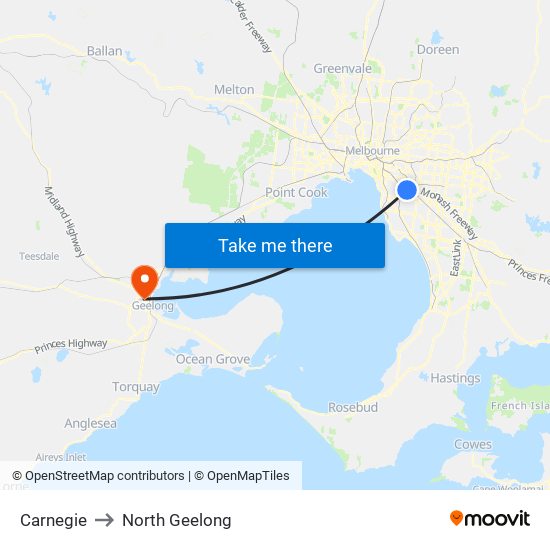 Carnegie to North Geelong map