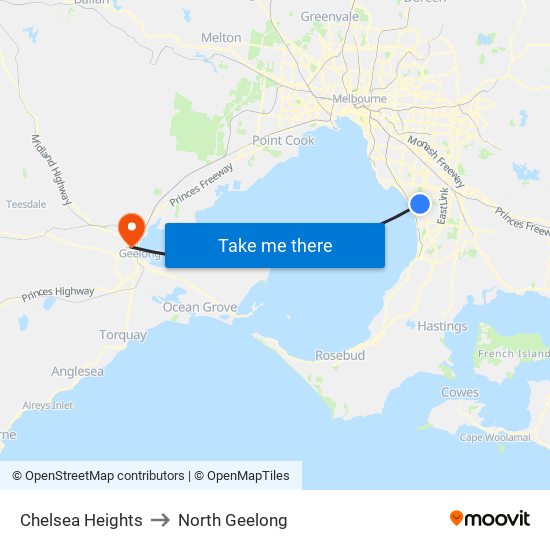 Chelsea Heights to North Geelong map