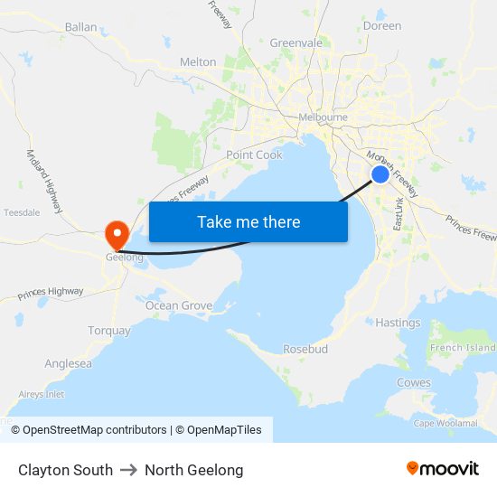 Clayton South to North Geelong map