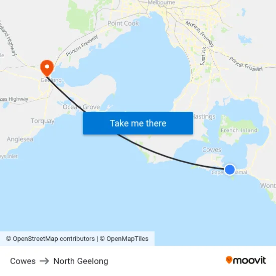 Cowes to North Geelong map