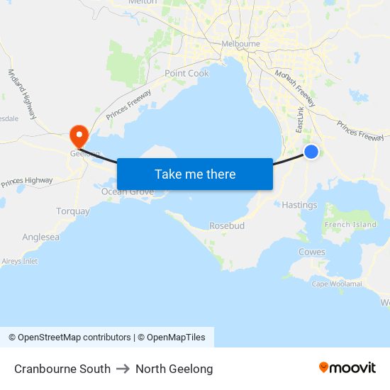 Cranbourne South to North Geelong map