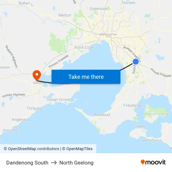 Dandenong South to North Geelong map