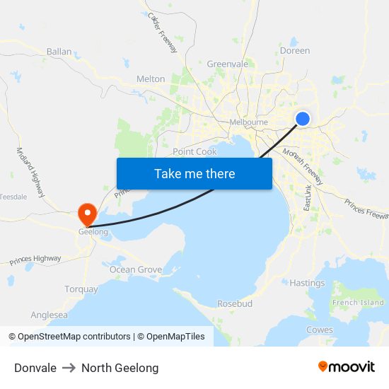 Donvale to North Geelong map