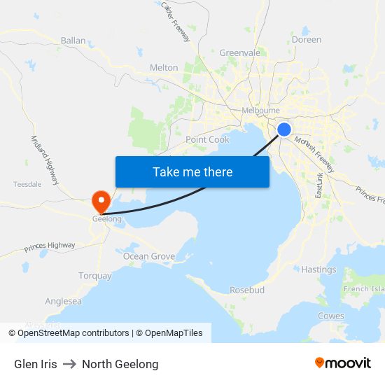 Glen Iris to North Geelong map