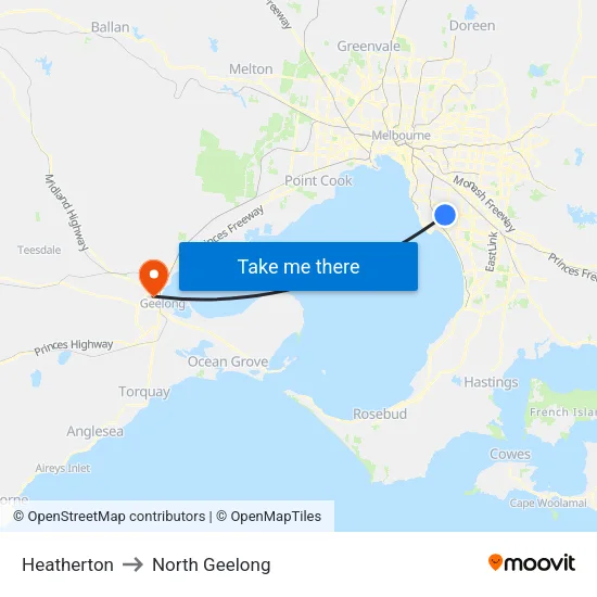 Heatherton to North Geelong map