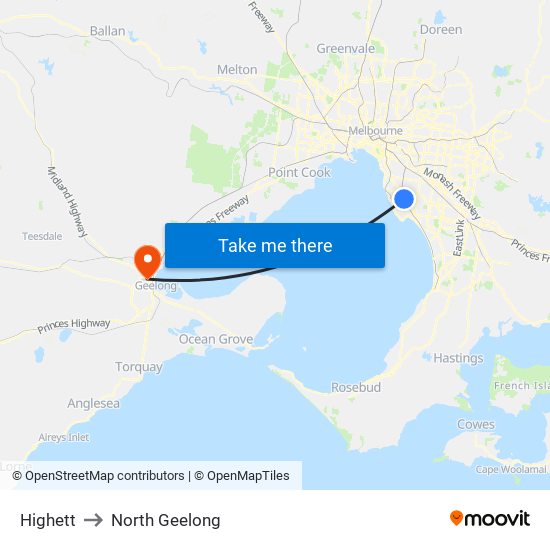 Highett to North Geelong map