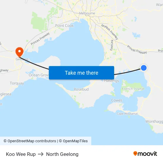 Koo Wee Rup to North Geelong map