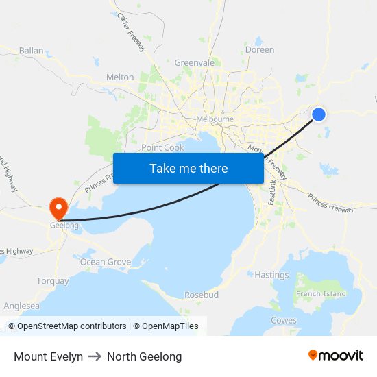 Mount Evelyn to North Geelong map