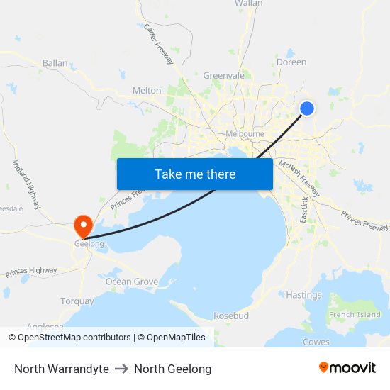 North Warrandyte to North Geelong map