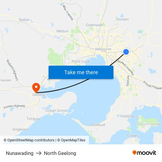 Nunawading to North Geelong map