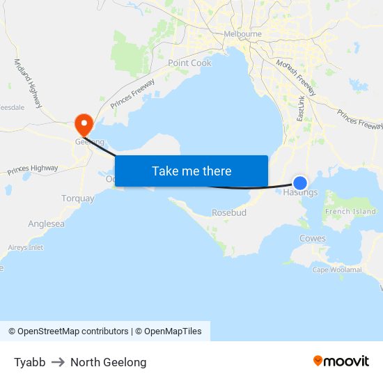 Tyabb to North Geelong map