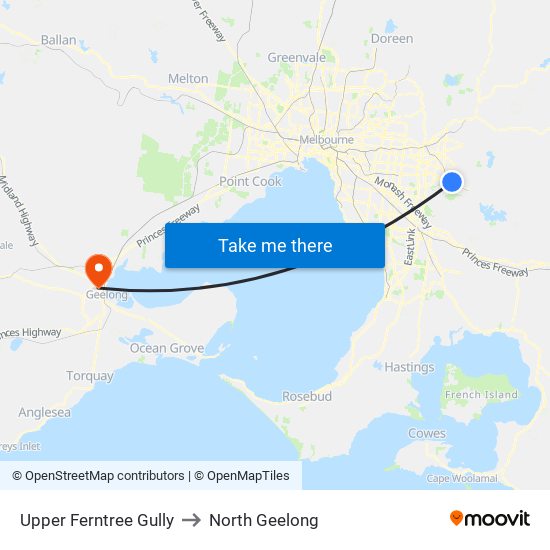 Upper Ferntree Gully to North Geelong map