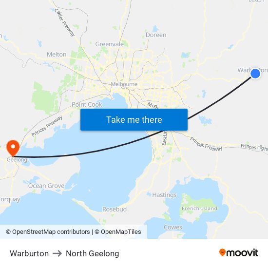 Warburton to North Geelong map