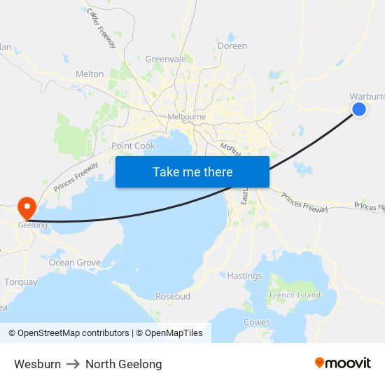 Wesburn to North Geelong map