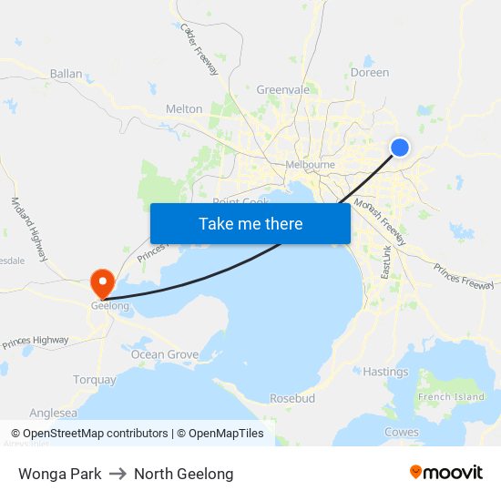 Wonga Park to North Geelong map