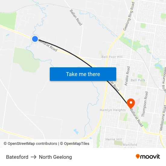 Batesford to North Geelong map