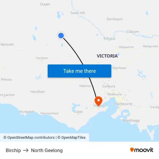 Birchip to North Geelong map