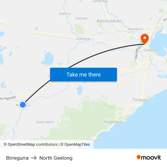 Birregurra to North Geelong map