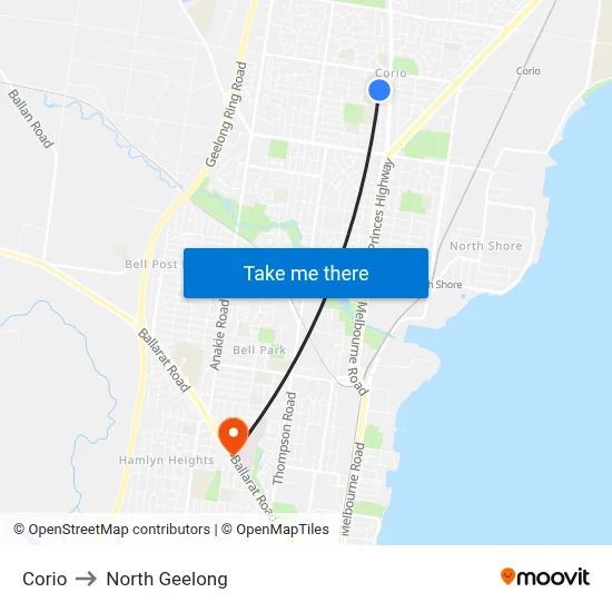 Corio to North Geelong map