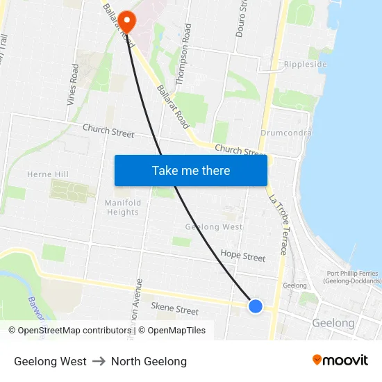 Geelong West to North Geelong map