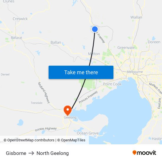 Gisborne to North Geelong map