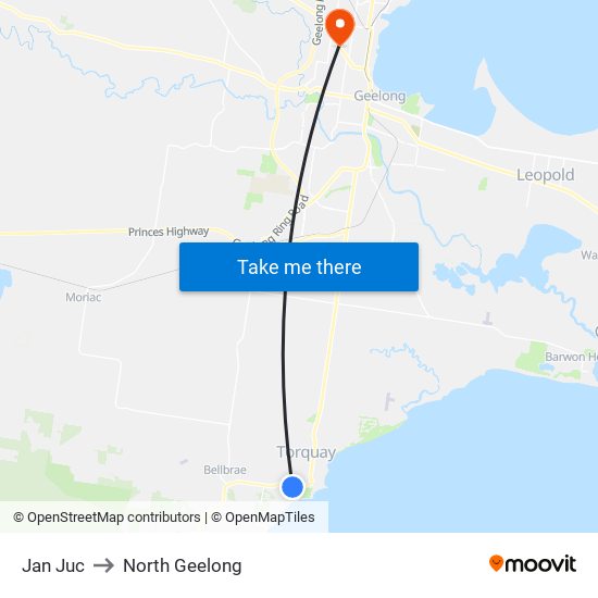 Jan Juc to North Geelong map