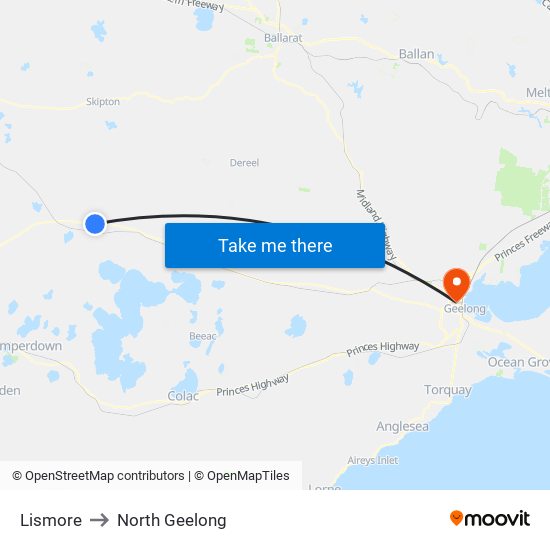 Lismore to North Geelong map