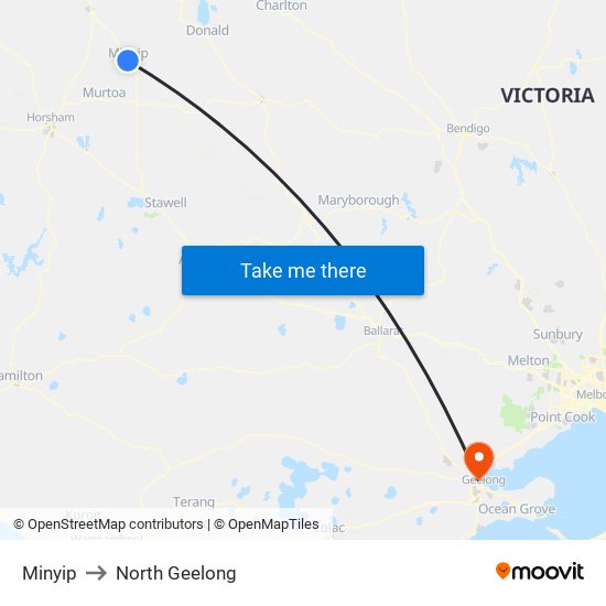 Minyip to North Geelong map