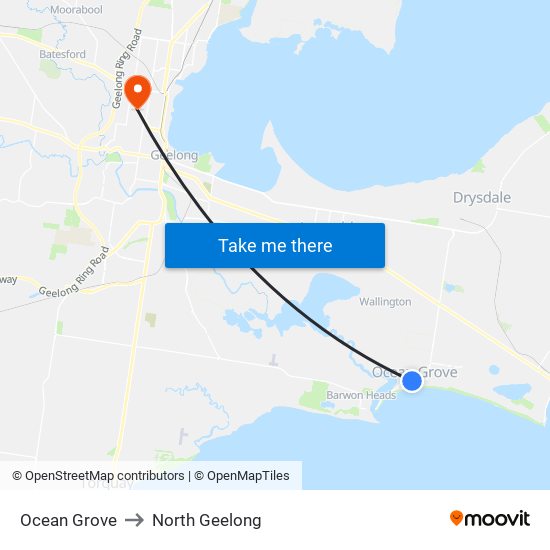 Ocean Grove to North Geelong map