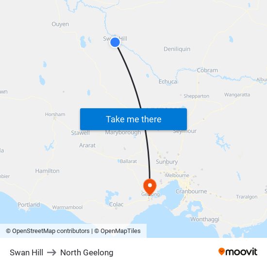 Swan Hill to North Geelong map