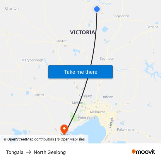 Tongala to North Geelong map