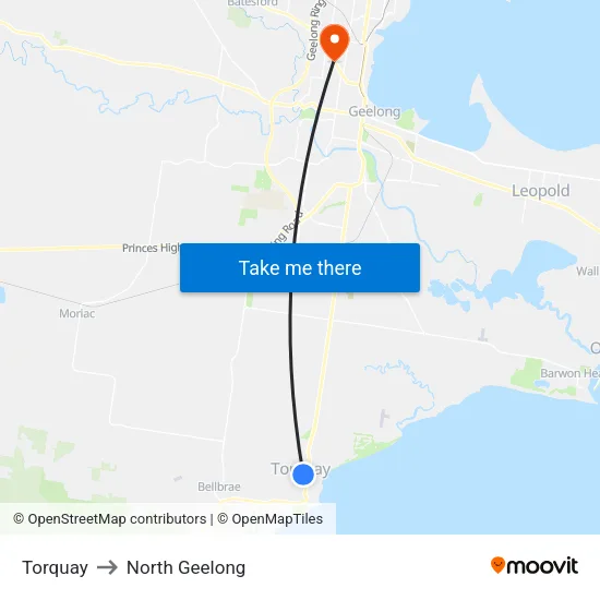 Torquay to North Geelong map